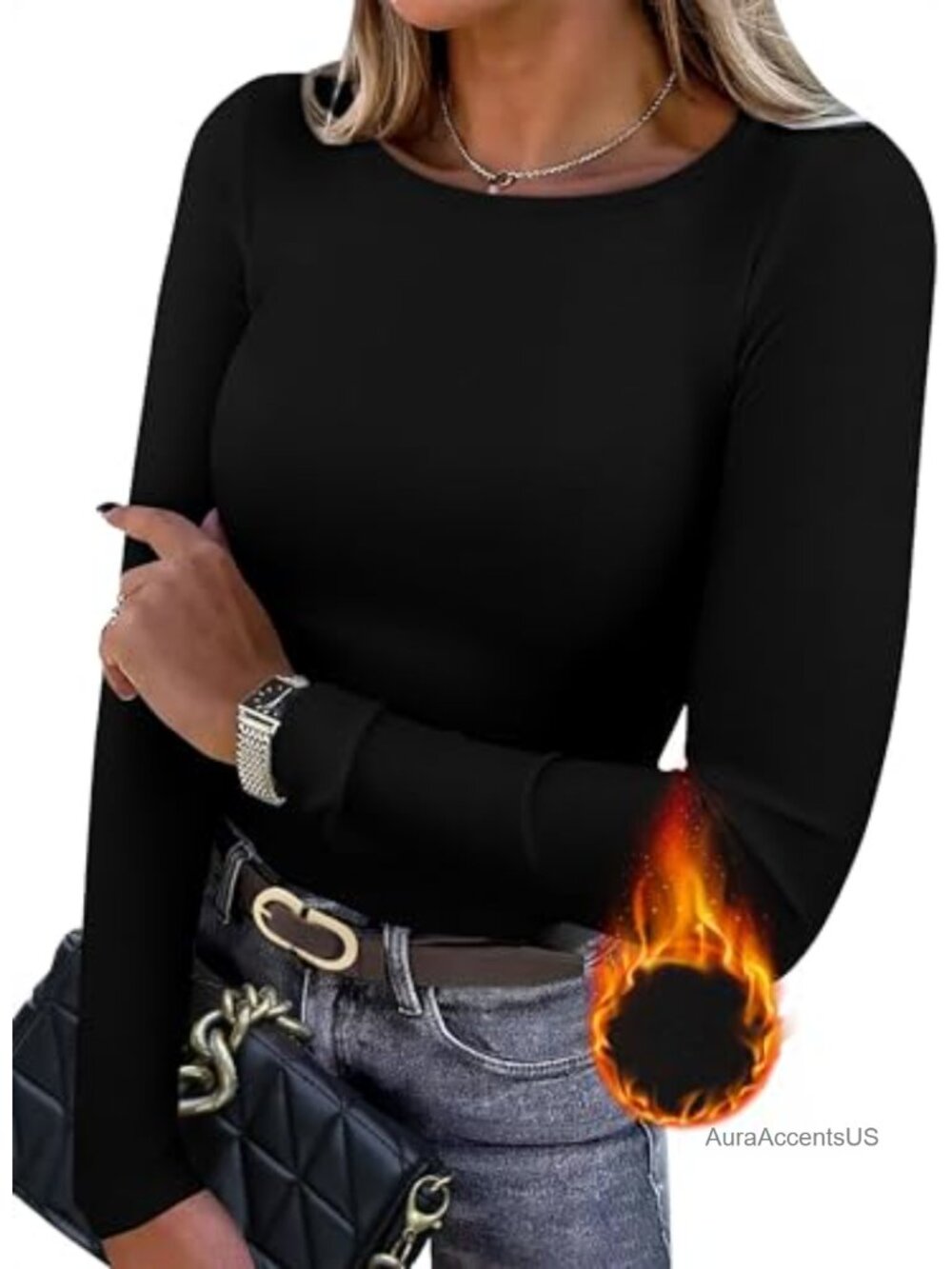Women's Long Sleeve Fleece Lined Thermal Crew Neck Slim Fit T-Shirt